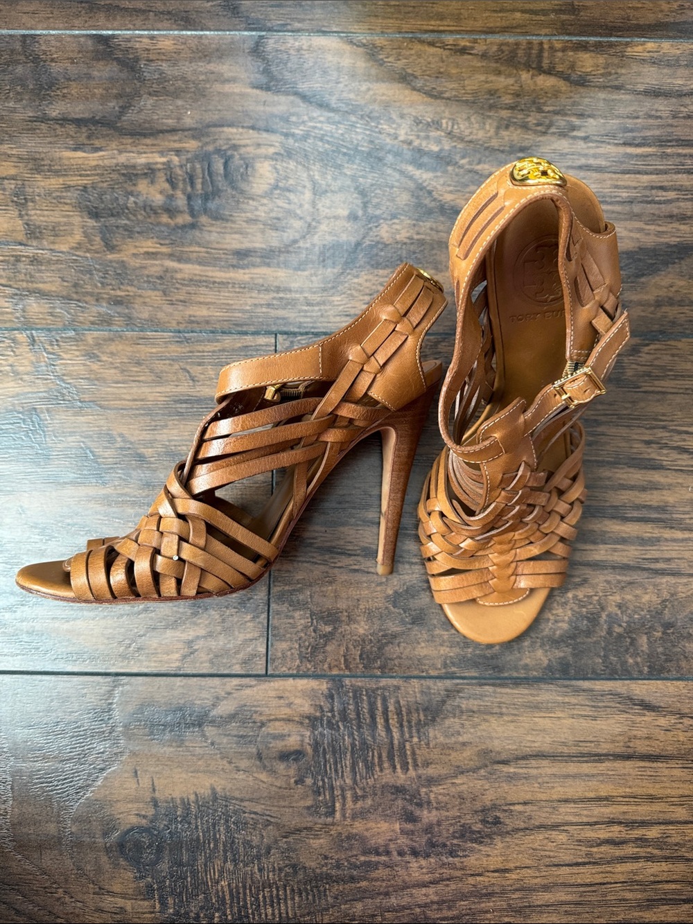 Tory Burch Tan Leather Woven Heels